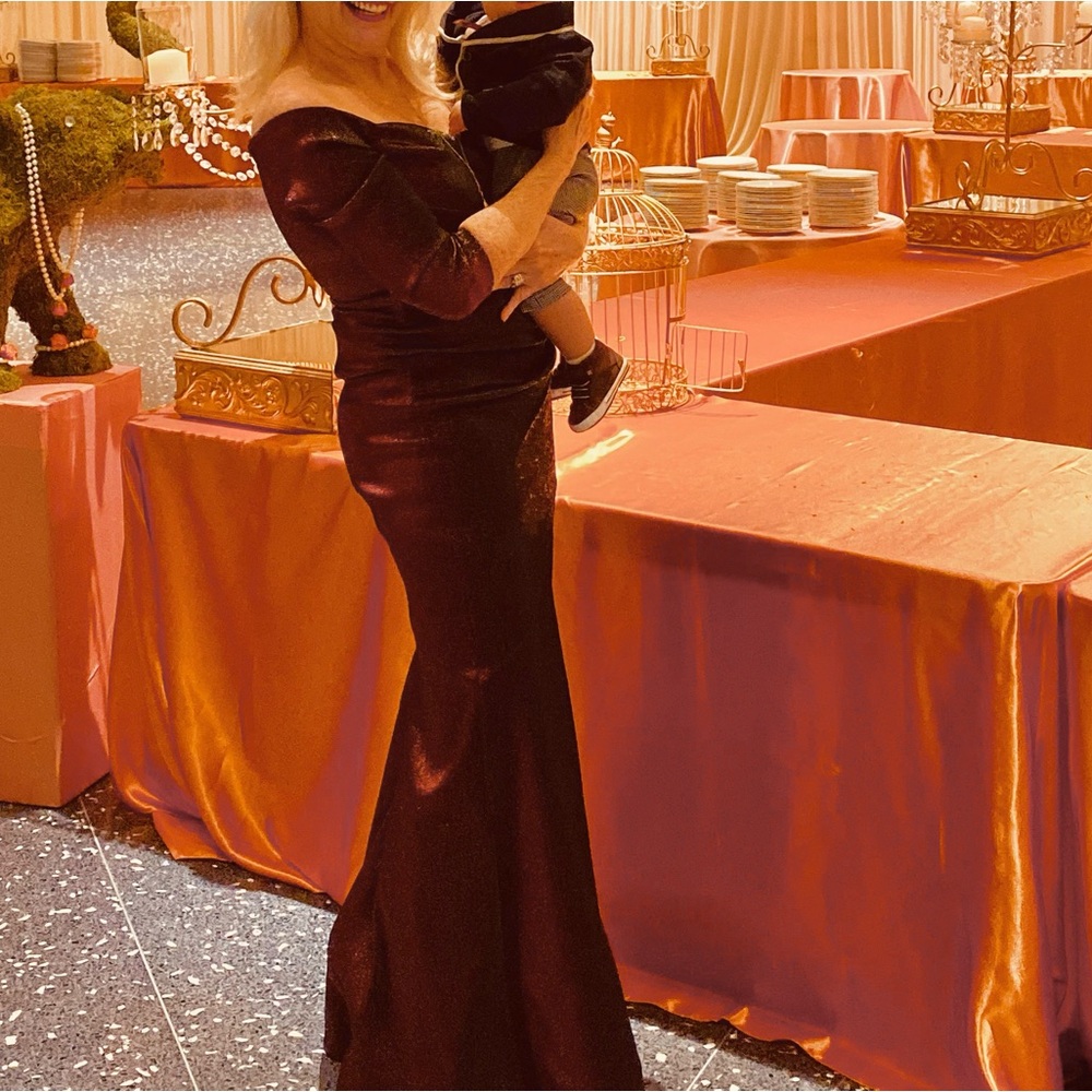 Theia Off-Shoulder Burgundy Sequin Gown
